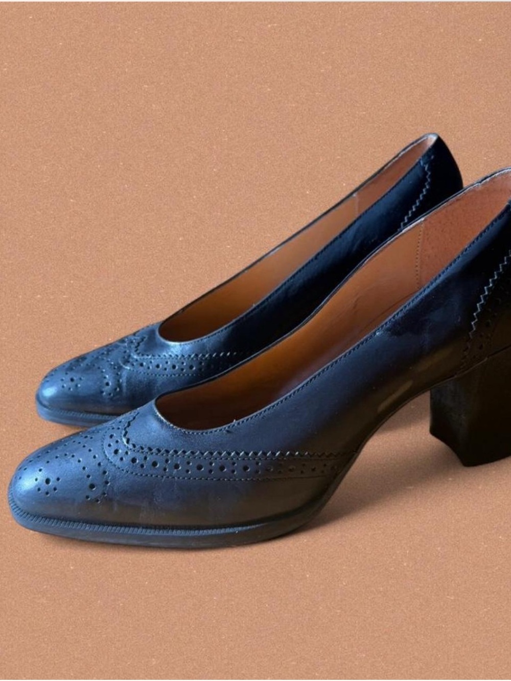 Classic Black Leather Brogue Block Heel Pumps